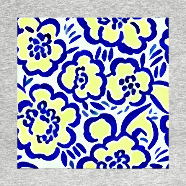 Blue and yellow retro florals by SophieClimaArt